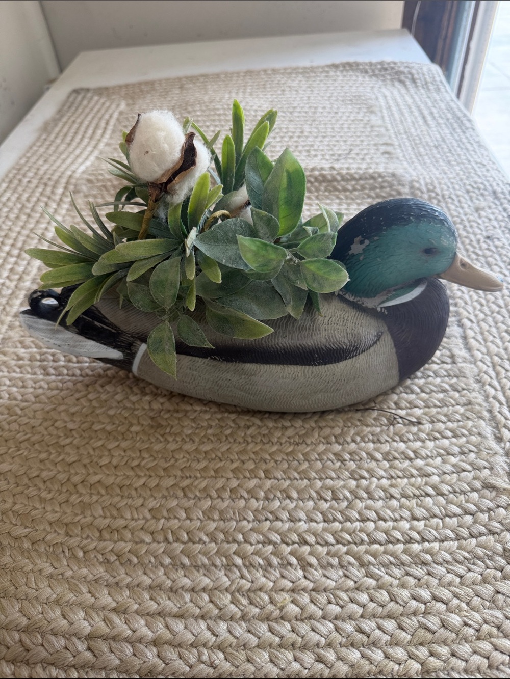 Green Mallard Duck Planter with Faux Greenery